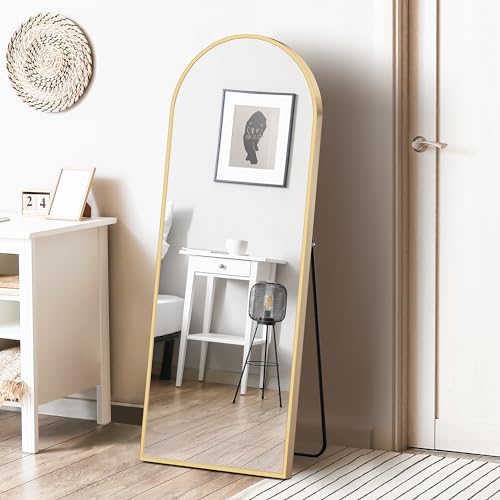 HAPPYMONT Gold Arched Full Length Mirror 64x21 Inches, Floor Standing & Wall Mountable