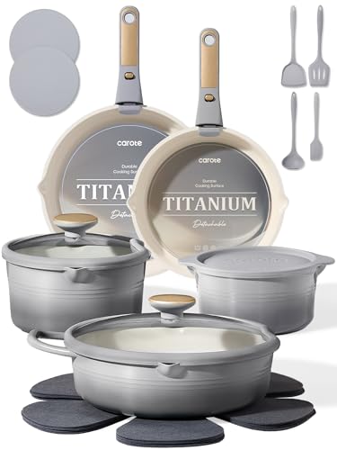 CAROTE 20pcs Titanium Cookware Set with Detachable Handles - Gradient Grey