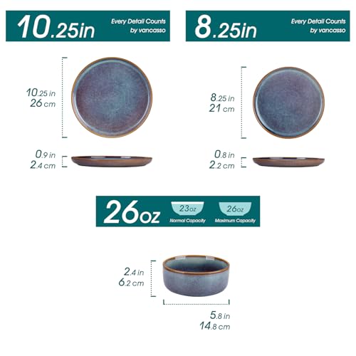 Grey Blue 12-Piece Dinnerware Set for 4 - Plates & Bowls with Reactive Glaze