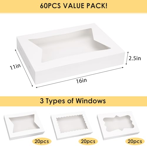 60pcs Bakery Boxes with 3-Style Clear Windows - Large 16x11x2.5 Inches, Foldable Cardboard for Pastries, Cakes, Cookies - Variation 60