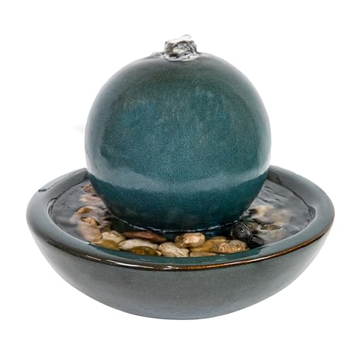 Sunnydaze Teal 7-Inch Ceramic Tabletop Fountain with Orb, Relaxing Water Sounds