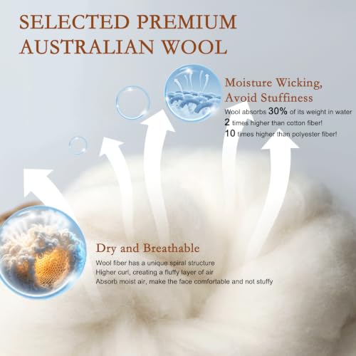 Off White Queen Wool Pillow - Flat & Soft Support for Sleep, Breathable Cotton Cover