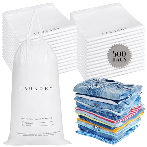 500 Pack Disposable Hotel Laundry Bags with Drawstring – 14x24 Inch Bulk Plastic Laundry Bags