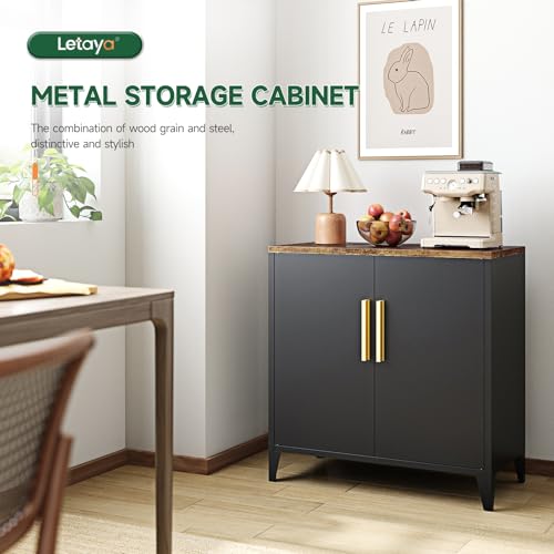 Letaya Metal Storage Cabinet with Doors - Small Kitchen Office Credenza, Black, 16 x 32 x 30 Inches