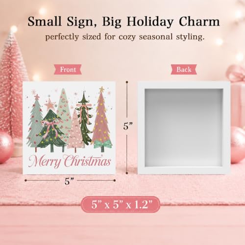 FXEFXE Merry Christmas 5x5 In Wooden Box Sign – Pink Coquette Bow Desk Decor