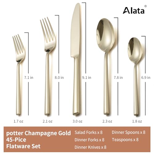Champagne Gold 45-Piece Flatware Set for 8 - Forged Stainless Steel Modern Tableware