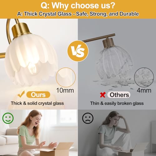 Meybiok 3-Light Brushed Gold Vanity Light Fixture with Frosted Tulip Glass Shades - Over Mirror Bathroom Lighting, Dimmable, Modern Home Decor