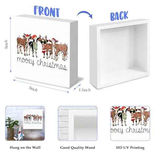Christmas Cow Wood Box Signs, Cow Christmas Decorations, Cow Gifts for Women Cow Lovers, Farmhouse Christmas Decor, Christmas Wooden Signs for Home Office Desk Shelf Table Decor, 5x5 Inch
