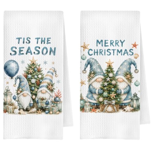 Gnome Coastal Christmas Kitchen Towels Set of 2, 16x24 Inches - ChenCraty