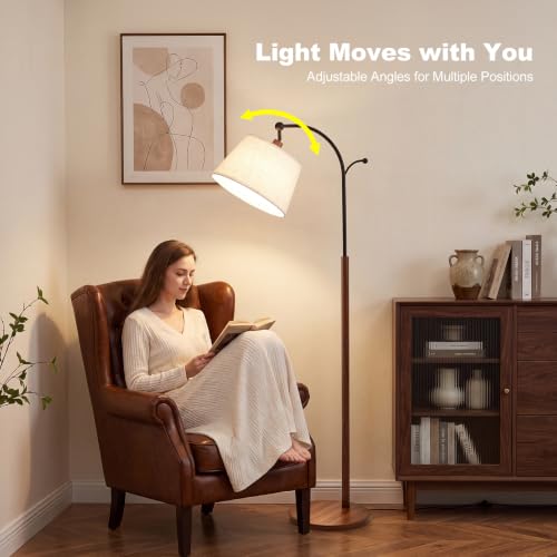 Floor Lamp, Arched Wood Linen Shade, Dimmable 3 Color Temperatures,
