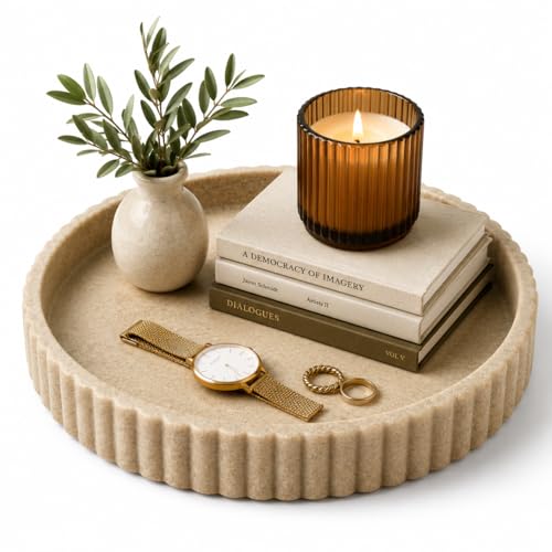 Beige Resin Decorative Round Tray for Coffee Table and Ottomans - Modern Home Decor