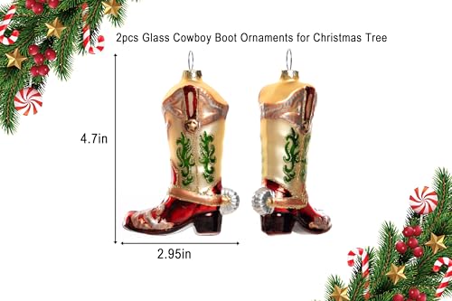 Set of 2 Hand Blown Glass Cowboy Boot Christmas Ornaments for Holiday Tree Decor