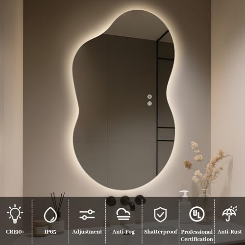 36x24 Inch WallBeyond Irregular LED Bathroom Mirror with Dimmable Lights, Anti-Fog, Dual Mounting