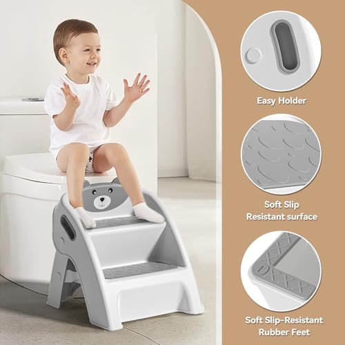 Toddler Step Stool for Bathroom Sink & Potty Training Gray - Anti-Slip & Anti-Tip, 2-Step, Foldable, 10-Second Assembly