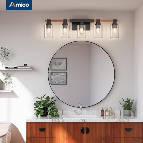 Amico 5-Light Farmhouse Bathroom Vanity Light with Seeded Glass & Black Wood Finish - Rustic Decor