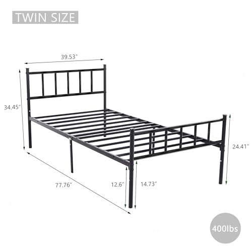 WJORATA Black Twin Size Metal Platform Bed Frame with Headboard & Storage