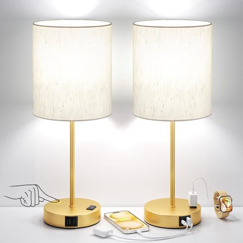 Fenmzee 17.6" Gold Touch Table Lamps with Dimmable Brightness & USB-C + A Outlets - Set of 2