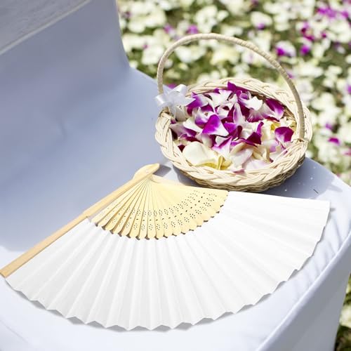 120 Pcs White Bamboo Handheld Paper Fans with Organza Bags Wedding Party Favors