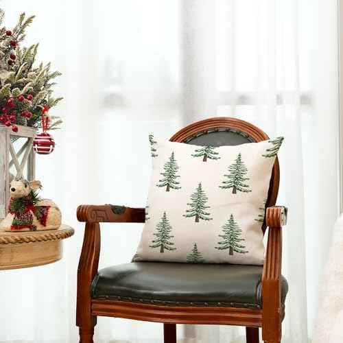GEEORY Christmas Pillow Cover 18x18 Inch, Green Xmas Trees White Farmhouse Decorative Throw Pillowcase for Home Sofa Couch Cushion Decoration G438-18