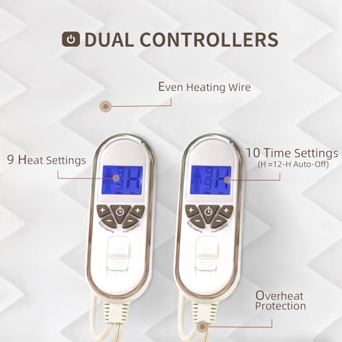 Bwarm Queen Size Multi-Zone Electric Heated Mattress Pad with Dual Controllers