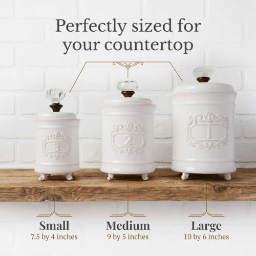 Mud Pie Kitchen Canister Set of 3 - White Ceramic Food Storage with Doorknob Lids