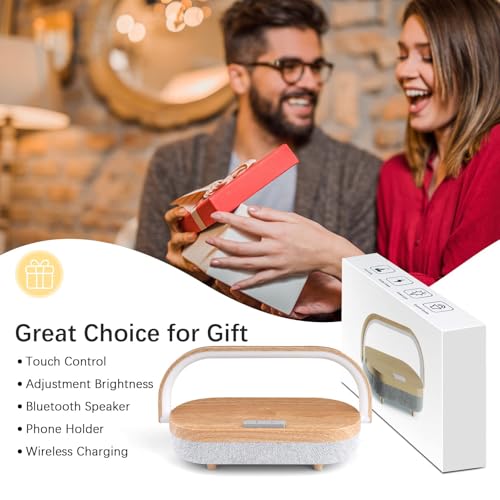 Wood Nightstand Lamp with Wireless Charger Bluetooth Speaker & Dimmable LED - 4 in 1 Touch Bedside Light