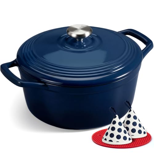 Overmont 5.5QT Enamel Cast Iron Dutch Oven - Midnight Sapphire, Includes Lid & Potholders