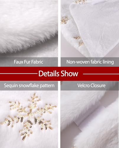 Tihulek 36-Inch White Faux Fur Christmas Tree Skirt with Gold Sequin Snowflakes - Perfect for 4-6FT Trees