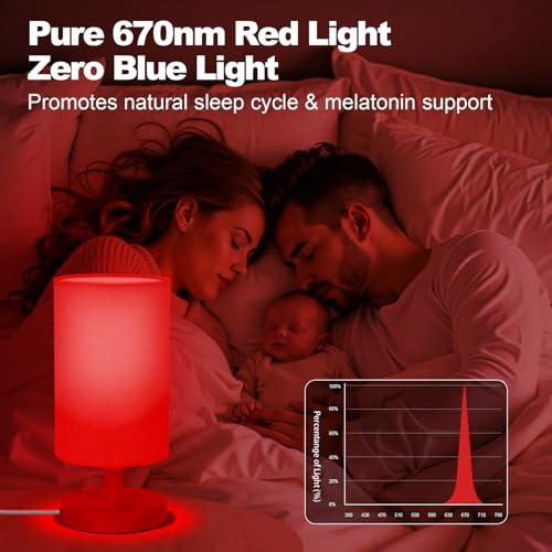 Round Red Light Lamp for Bedroom with Dimmable White & Red 670nm Light, Remote & Timer