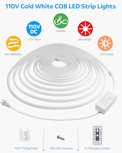 Outdoor Waterproof 100FT COB LED Strip Lights - Dimmable, High Density, Super White 6000K