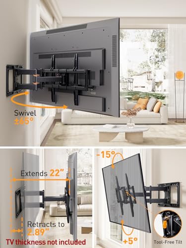 Perlegear Full Motion TV Wall Mount 45-95 Inch Max 150 lbs - No LED, Wood Stud Compatible