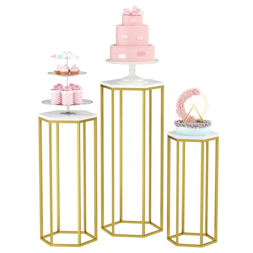 Gold Hexagon Pedestal Stands Set of 3 for Party Decor and Display