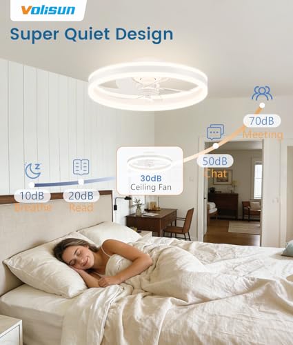 VOLISUN 20 Inch White Low Profile Ceiling Fan with Dimmable LED Lights and Remote - Flush Mount Fandelier for Bedroom