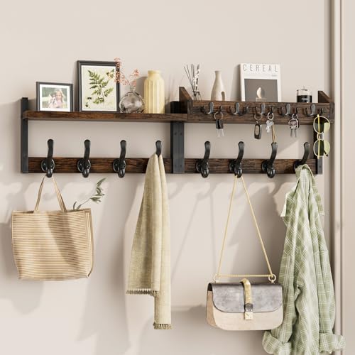 Rustic Brown 35-Inch Wall Mount Coat Rack with Shelf - Entryway Organizer