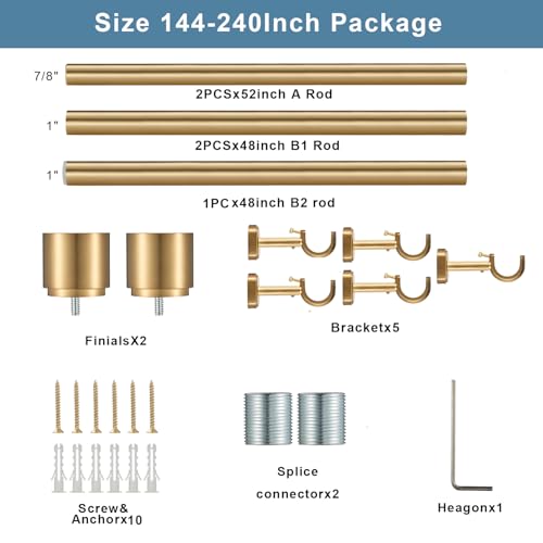 Heavy-Duty 1 1/8 Inch Diameter Telescoping Curtain Rod with Adjustable Brackets - Warm Gold, 144-240"