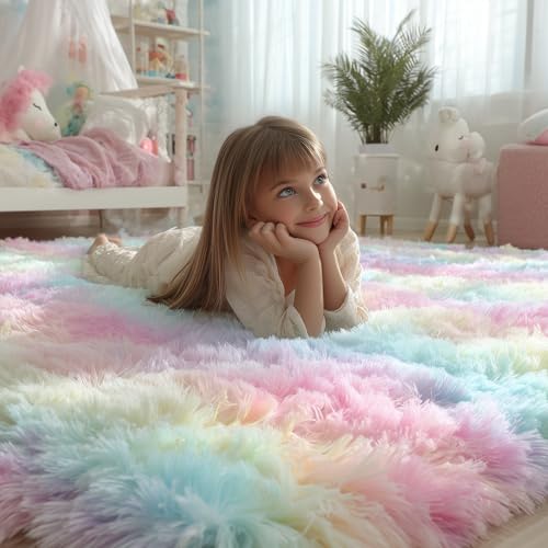 8x10 Rainbow Area Rug - Pastel Plush Carpet for Bedroom Girls - Non-Slip