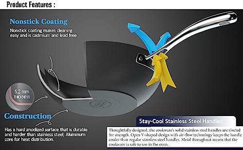 11-Inch Hard Anodized Nonstick Wok Pan with Lid - Heavy-Gauge Stir Fry Pan