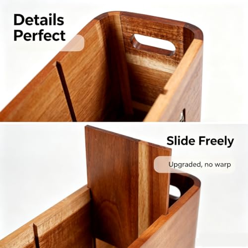 Acacia Wooden Kitchen Utensil Holder Organizer - Large 4-Compartment Rustic Countertop Storage - Extra Large