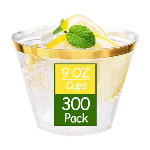 Ciaell 300 Pack Gold Rimmed Plastic Cups 9oz Disposable Party & Wedding Cups