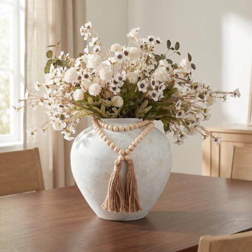 White Large Round Faux Silk Mum Flower Arrangement in Rustic Vase - 22 Pcs