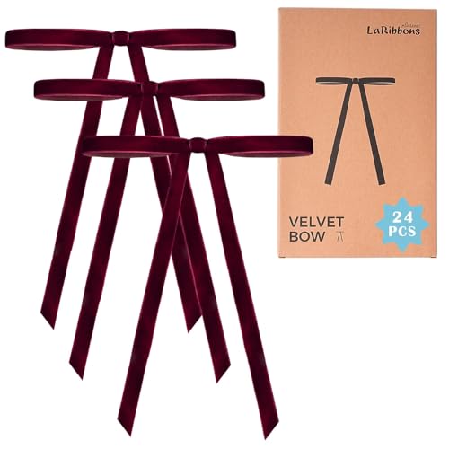 LaRibbons 24 Pcs Burgundy Velvet Bows for Christmas Tree, 3/8" Wide,