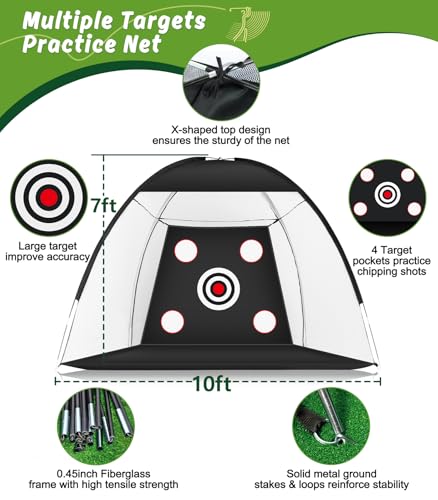 MUVPOH 10x7ft Golf Practice Net with Dual-Turf Mat & Multiple Targets - Indoor & Outdoor Golf Aid