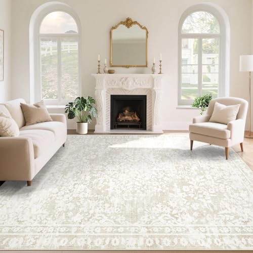 Aoyaomi Cream Beige 8x10 Vintage Boho Area Rug - Distressed Floral Indoor Carpet
