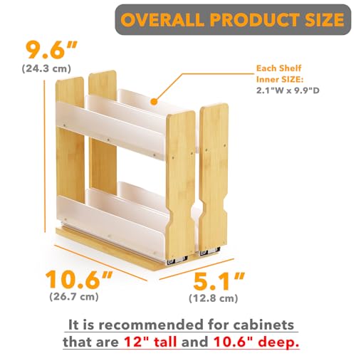 SpaceAid Bamboo Pull Out Spice Rack Organizer for Cabinet - 5.1" Wide, 2-Tier, 2 Drawers Natural