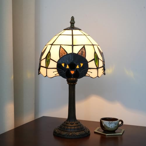 Tiffany Style Black Cat Stained Glass Table Lamp - Small Quirky Desk Light with Variation A