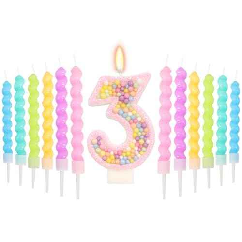 Number 3 Birthday Candle with 12 Pcs Spiral Candles, Colorful Macaron Candles for Girls Boys, Macaron Pastel Rainbow Cake Topper for Sweet Theme Party Decoration (Pink)