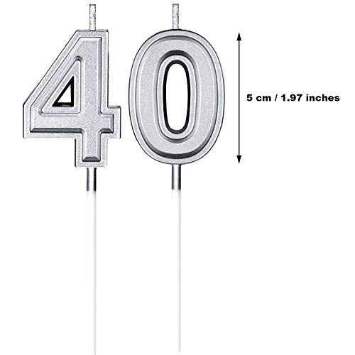 Frienda 40th Birthday Candles, Number 40 Candles, Happy Birthday Cake Topper Decoration for Men Women Anniversary Party Wedding Decoration Anniversary Celebration Supplies Theme Party(Silver)