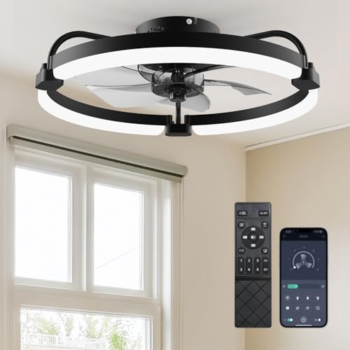 Ensenior 20-Inch Flush Mount Ceiling Fan with Lights, APP Control, Black