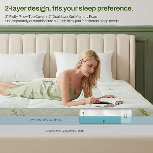 GRUSIGN Queen Memory Foam Mattress Topper 4 Inch Dual Layer Gel & Plush Pillow Top, Green, Deep Pocket