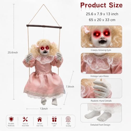 Pink Halloween Animatronic Hanging Girl Doll with Lighted Eyes & Creepy Sounds - Outdoor Indoor Decor